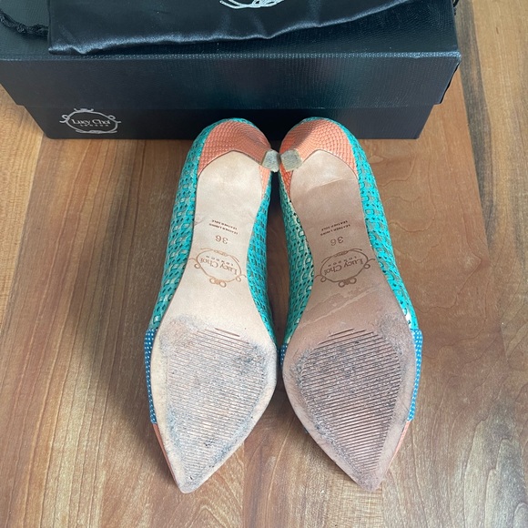 Lucy Choi London “Cupid” High Heels Orange Green Blue Lizard Size 36 / 6 - Picture 4 of 11